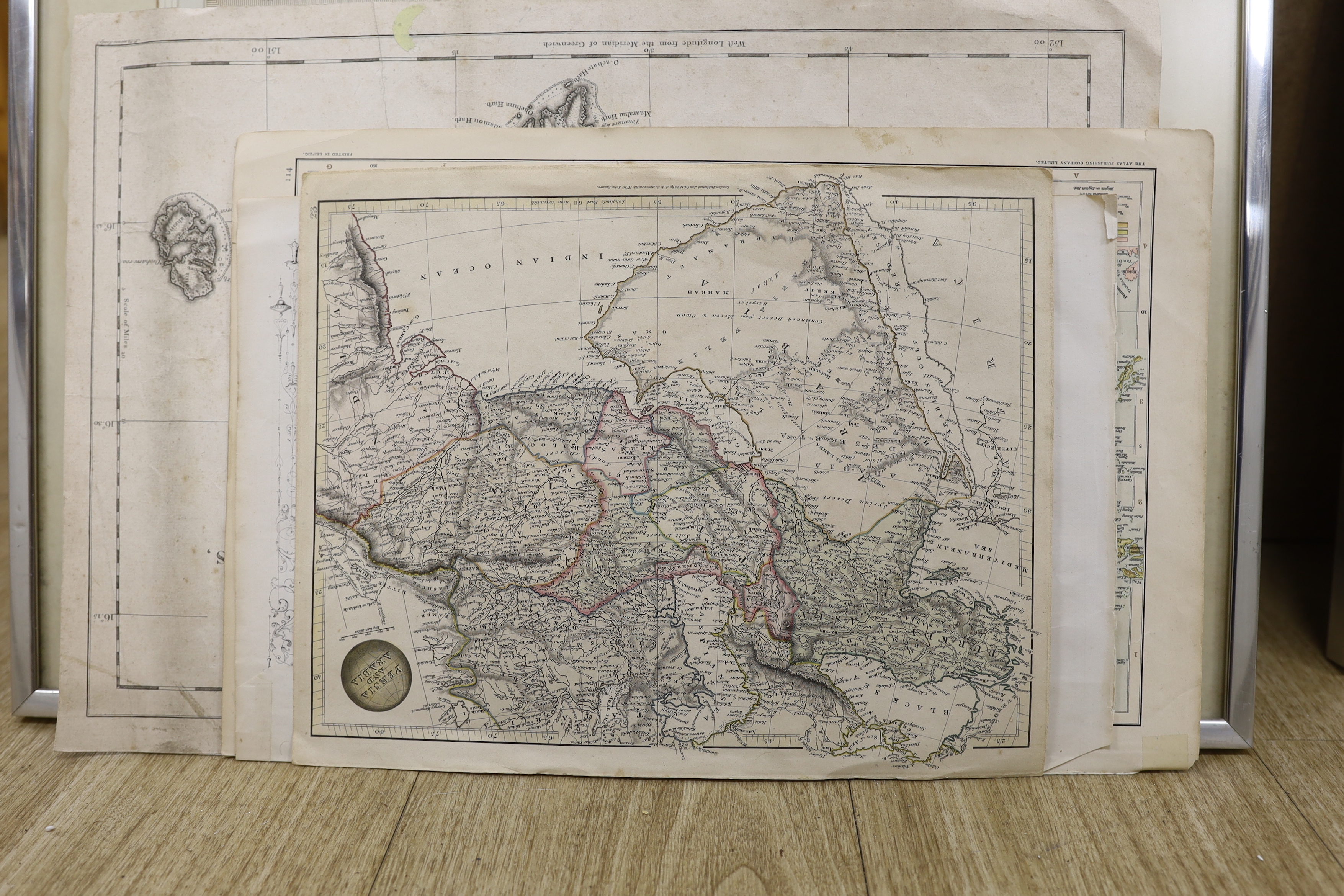 Collection of antique and later maps, mostly unframed to include, Persia & Arabia, publ. 1825, A & S Arrowsmith, Australia, engraved by FP Becker, hand coloured map of Taiwan and Chart of the Society Isles discovered by